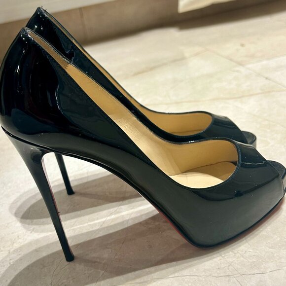 Christian Louboutin Black Patent Leather Peep Toe High Heels Size 7 - Picture 2 of 5